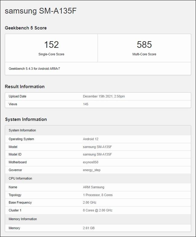 갤럭시 A13 4G 긱벤치 벤치마크