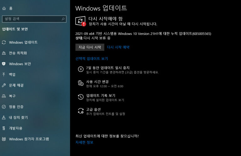 윈도우10 9월 업데이트 KB5005565 – 빌드 19043.1237