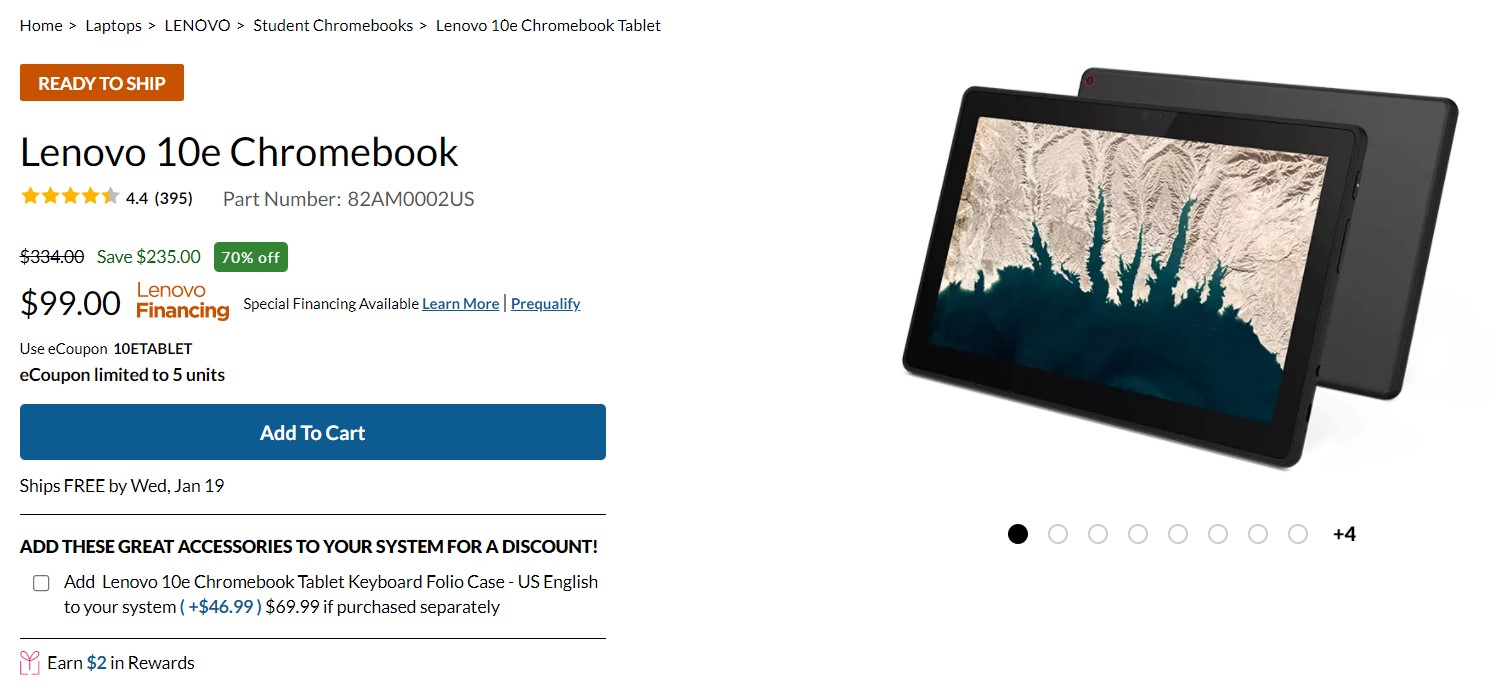 레노버 10e 크롬북 태블릿 $99 특가 판매 중 - $235 할인