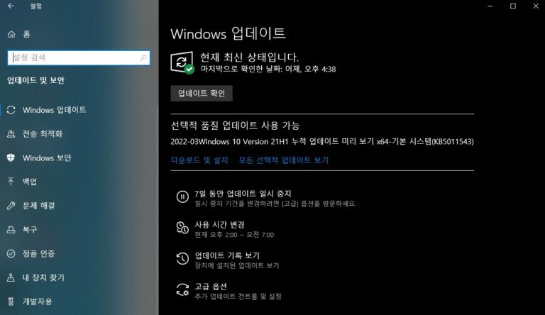 윈도우10 3월 선택적 업데이트 KB5011543