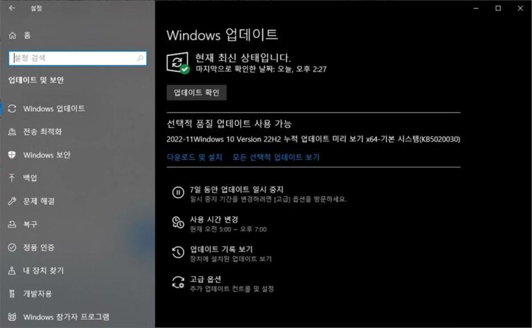 윈도우10 11월 선택적 업데이트 KB5020030