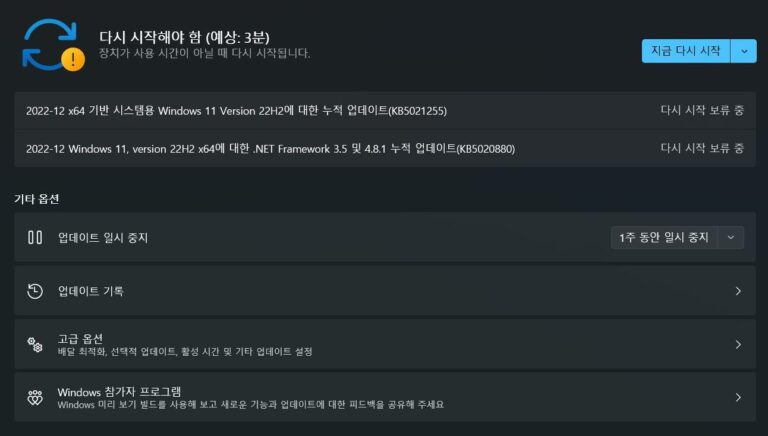 윈도우11 22H2 12월 업데이트 KB5021255 - 빌드 22621.963