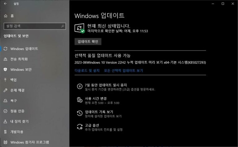 윈도우10 22H2 6월 선택적 업데이트 KB5027293
