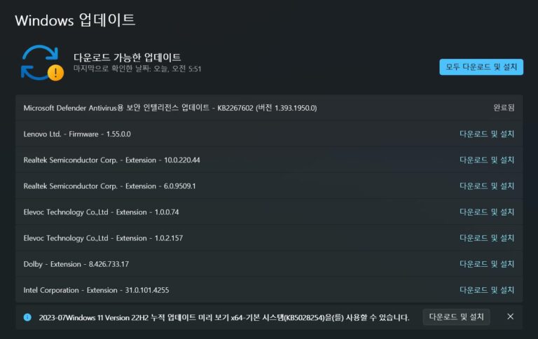 윈도우11 22H2 7월 선택적 업데이트 KB5028254