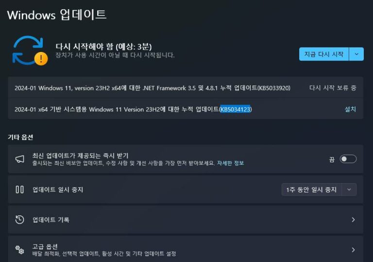 윈도우11 23H2 2024년 1월 업데이트 KB5034123