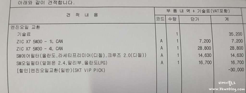 올란도 LPG 스피드메이트 엔진오일 교환 비용