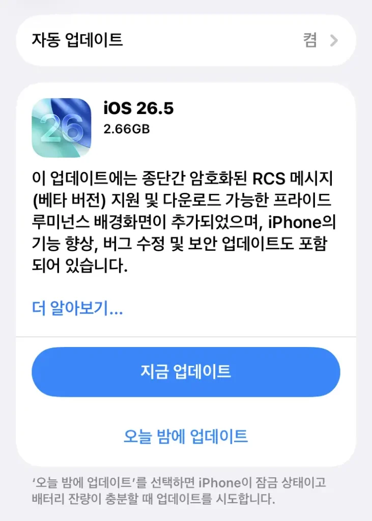 iOS 26.5 업데이트, 아이폰11은 2.66GB 용량이네요.