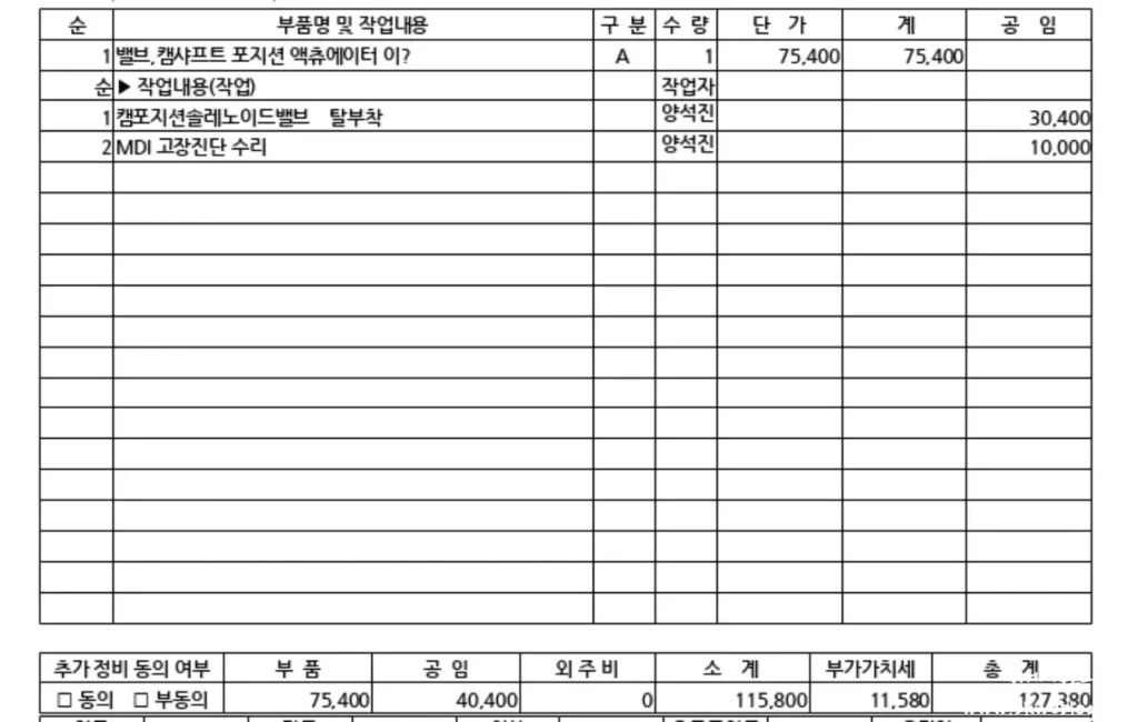 올란도 LPG 솔레노이드 밸브 교체 비용 및 쉐보레 바로정비 수리 내역, 총 정비 비용 127,380원